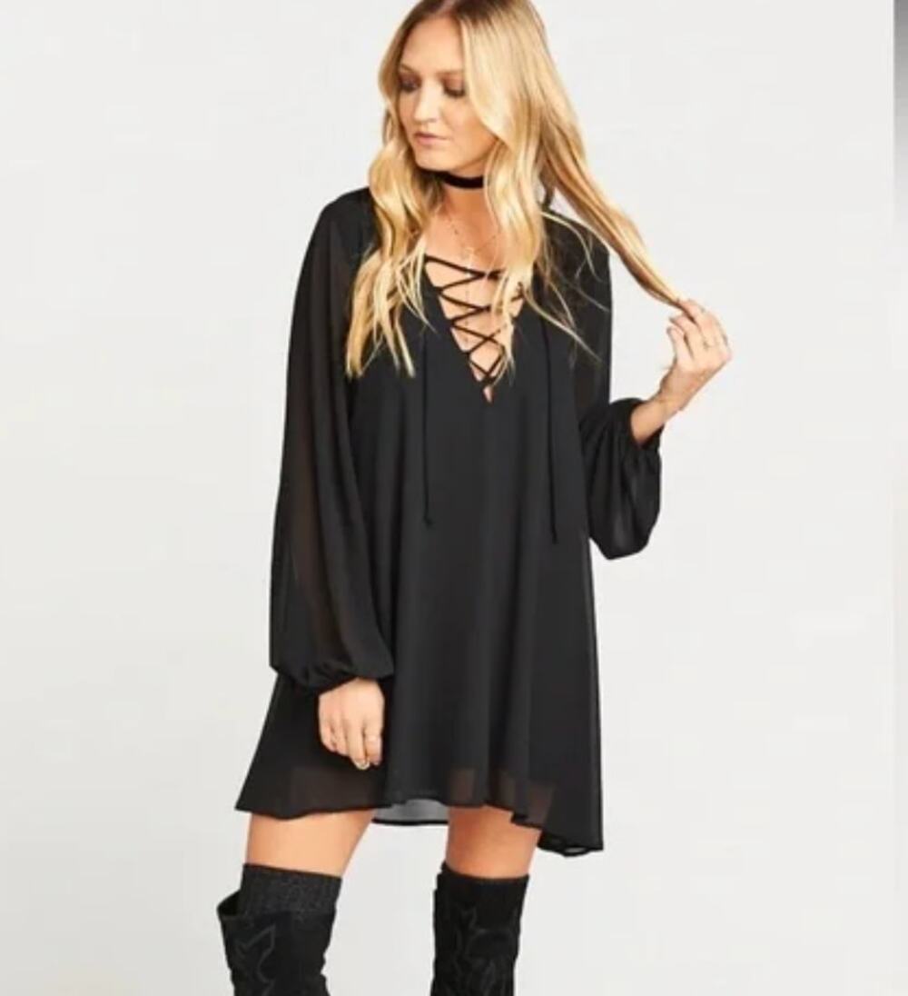 SHOW ME YOUR MUMU Thunderbird Oversize Flowy Lace Up Neck Black Dress S Bohemian